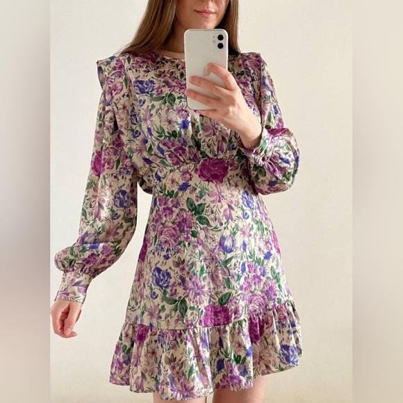 Zara Dresses & Skirts - Zara Floral Long Sleeve Dress in Purple and Green